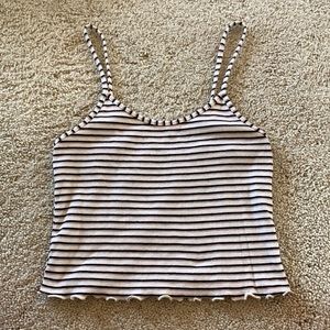 Black, white, and pink striped tank cami crop with ruffle at bottom